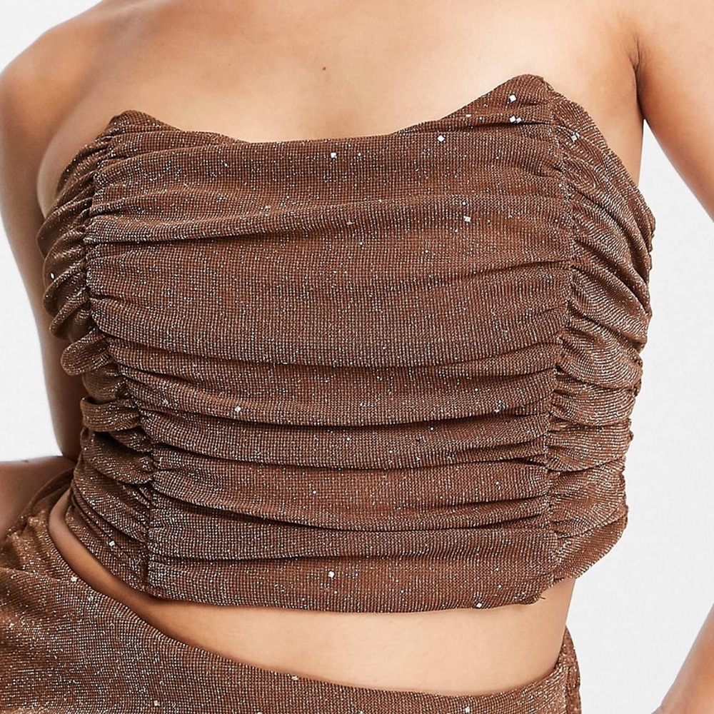 NWT. Rare London ruched mesh corset top. Sparkly brown ruched mesh crop top.